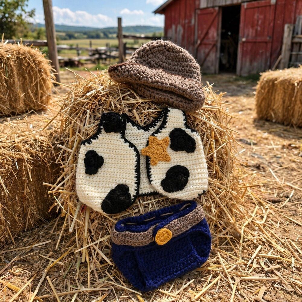 Handmade Crochet Newborn Cowboy Photo Prop Outfit Woody Inspired Set Layette